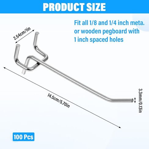 100 Pack Peg Board Hooks Silver 6 Inch Iron Pegboard Organizer Hook, Metal Peg Shelf Hooks for Pegboard 1/8 and 1/4 for Garage, Office,Kitchen, Store in Saudi Arabia