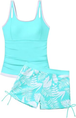Size 9-16Y Teen Girls Two Piece Tankini Swimsuit Summer Tropical Print Drawstring Shorts Bathing Suit Swimwear in Kuwait