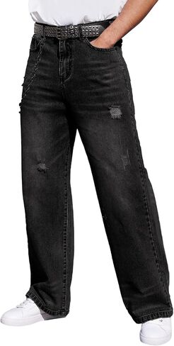 Men's Ripped Baggy Jeans Hip Hop Loose Fit Distressed Wide Leg Denim Pants Streetwear in Saudi Arabia