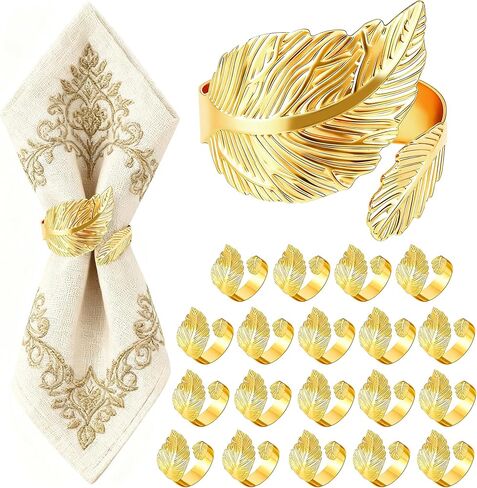 12-Pack Elegant Napkin Rings, Premium Metal Napkin Holders for Wedding, Daily Dining & Holiday Decor, Polished Gold & Silver Napkin Rings Set for Table Setting (Leaf Shaped-Gold) in Kuwait