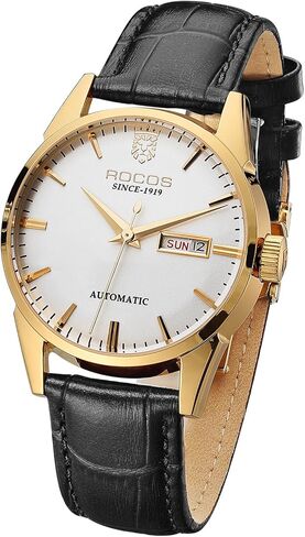 ساعة يد ميكانيكية كلاسيكية ذهبية للرجال أوتوماتيكية، عرض اليوم والتاريخ، حزام أسود فاخر، هدية R0101 Fashion Business in Kuwait