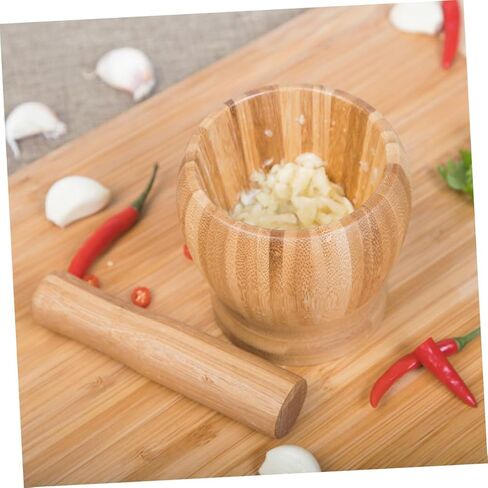 Ciieeo Handmade Garlic Smasher Large Capacity Bowl Bamboo Mortar Pestle for Food Garlic Squeezer Masher in Saudi Arabia