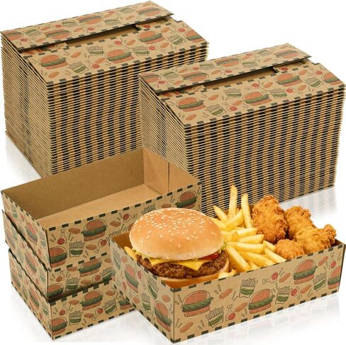 Cididu 50 Pack Kraft Paper Food Tray, Cute Movie Night Snack Tray, Disposable 4 Corner Pop Up Food Container, 350g Thick Cardboard Greaseproof Foldable Brown Stadium Trays for Fast Food Theaters Party in Saudi Arabia