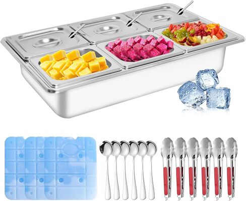 Countertop Ice Food Serving Display Tray with 6 Pan, Portable Salad Bar Buffet Station for Home, Cold Food Buffet Server, Pizza Topping Station, Cold Buffet Table Serving Station for Party in Kuwait