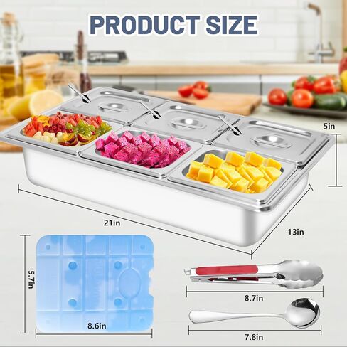 Countertop Ice Food Serving Display Tray with 6 Pan, Portable Salad Bar Buffet Station for Home, Cold Food Buffet Server, Pizza Topping Station, Cold Buffet Table Serving Station for Party in Kuwait