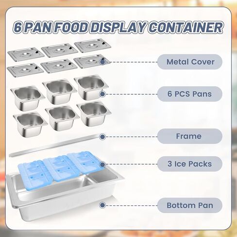 Countertop Ice Food Serving Display Tray with 6 Pan, Portable Salad Bar Buffet Station for Home, Cold Food Buffet Server, Pizza Topping Station, Cold Buffet Table Serving Station for Party in Kuwait