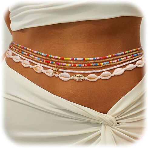 6Pcs Colorful Waist Beads Chain for Women Multi-layered Beaded Belly Chain Sexy Starfish Shell Chain for Waist Summer Beach Bikini Belly Body Chain Jewelry in Saudi Arabia