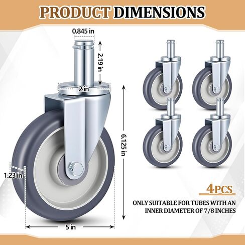 Aurelema 4 Pack 5" Caster Wheels Compatible with Metro Shelving, Grip Ring Stem Swivel Casters with Non-Marking TPR Wheels and Double Ball Bearings for Wire Shelving Racks Kitchen Lab Warehouse in Saudi Arabia