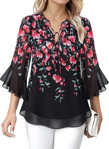 Lotusmile Women's Dressy Casual or Work Business Blouses Trendy Ruffle Neck Shirts 3/4 Sleeve Chiffon Tops in Kuwait