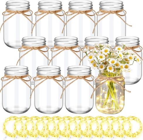 Chunful 6 Pcs Glass Mason Jar with LED Lights for Table Centerpiece Decorations Set Clear Rustic Farmhouse Coffee Table Decor with LED Lights for Wedding Dining Room Kitchen Decor in Saudi Arabia