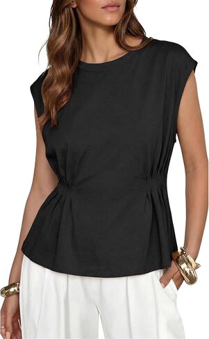 Watashi Women Summer Babydoll Tops Cap Cap Cap Sleeve Peplum Tunic Shirt Tops Liped Tops Blouses in Kuwait