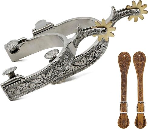 Jeereal Western Floral Stainless Steel Spurs with Spur Straps for Men and Women, 3/4" Iron, 1.0" Shank in Saudi Arabia