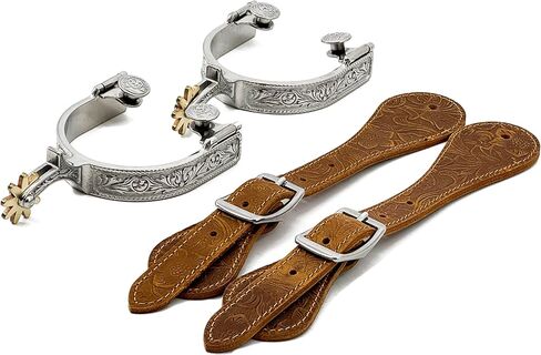 Jeereal Western Floral Stainless Steel Spurs with Spur Straps for Men and Women, 3/4" Iron, 1.0" Shank in Saudi Arabia