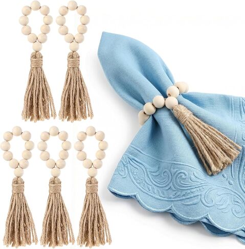 6PCS Napkin Rings, Wooden Bead Napkin Holders for Cloth Napkins, Stretchable Boho Napkins Rings Rustic Twine Rattan Design with Tassel for Farmhouse Thanksgiving Fall Spring Decor in Saudi Arabia