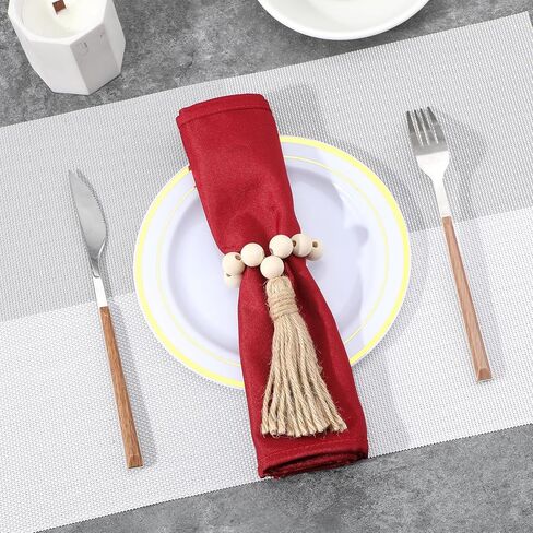 6PCS Napkin Rings, Wooden Bead Napkin Holders for Cloth Napkins, Stretchable Boho Napkins Rings Rustic Twine Rattan Design with Tassel for Farmhouse Thanksgiving Fall Spring Decor in Saudi Arabia