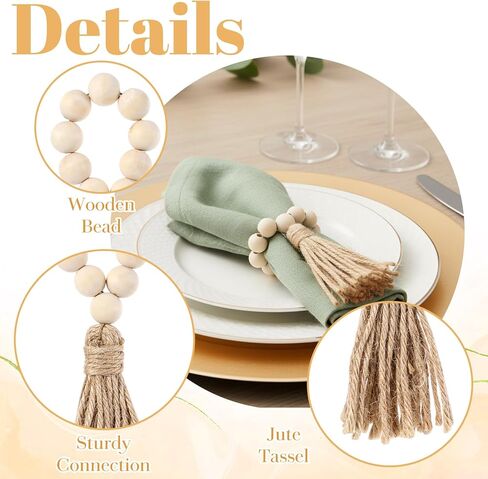 6PCS Napkin Rings, Wooden Bead Napkin Holders for Cloth Napkins, Stretchable Boho Napkins Rings Rustic Twine Rattan Design with Tassel for Farmhouse Thanksgiving Fall Spring Decor in Saudi Arabia