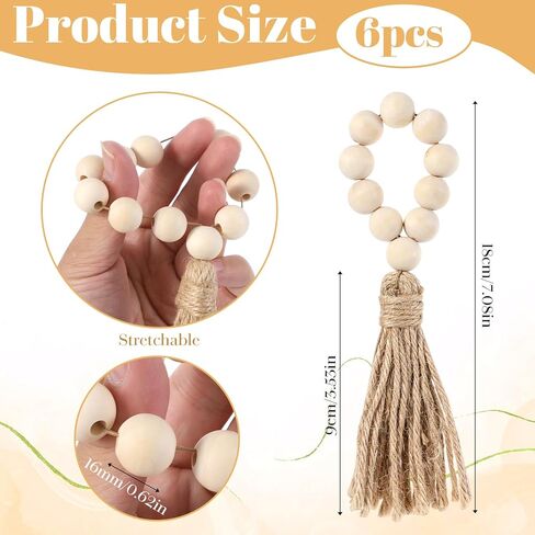 6PCS Napkin Rings, Wooden Bead Napkin Holders for Cloth Napkins, Stretchable Boho Napkins Rings Rustic Twine Rattan Design with Tassel for Farmhouse Thanksgiving Fall Spring Decor in Saudi Arabia