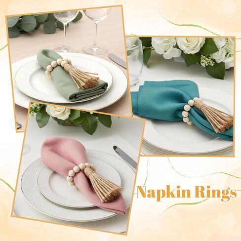 6PCS Napkin Rings, Wooden Bead Napkin Holders for Cloth Napkins, Stretchable Boho Napkins Rings Rustic Twine Rattan Design with Tassel for Farmhouse Thanksgiving Fall Spring Decor in Saudi Arabia