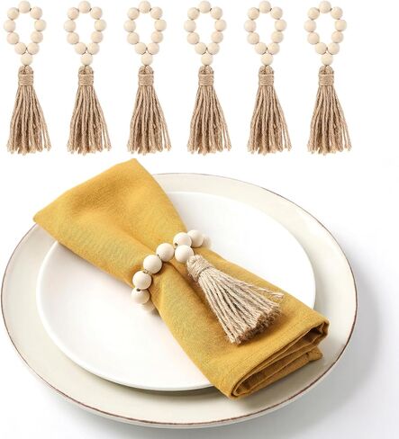 6PCS Napkin Rings, Wooden Bead Napkin Holders for Cloth Napkins, Stretchable Boho Napkins Rings Rustic Twine Rattan Design with Tassel for Farmhouse Thanksgiving Fall Spring Decor in Saudi Arabia