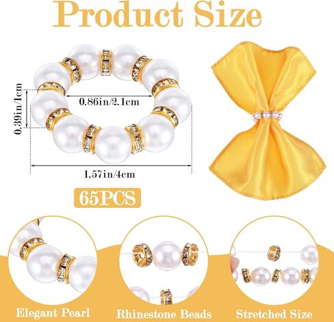 65 قطعة من حلقات منديل اللؤلؤ المقلدة باللونين الذهبي والأبيض، أبازيم منديل مطرزة بكميات كبيرة لتزيين طاولة العشاء وحفلات الزفاف، حامل مناديل مرن لديكور المنزل والاستخدام اليومي in Kuwait