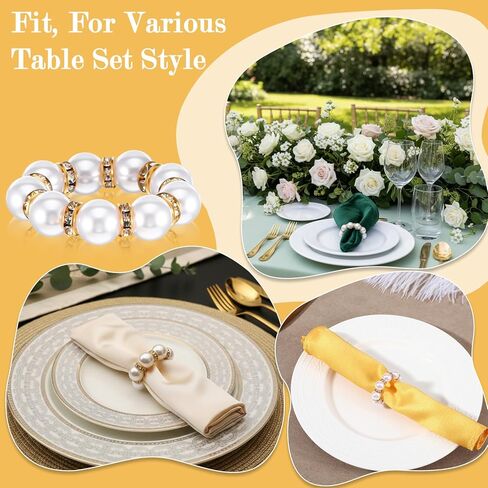 65 قطعة من حلقات منديل اللؤلؤ المقلدة باللونين الذهبي والأبيض، أبازيم منديل مطرزة بكميات كبيرة لتزيين طاولة العشاء وحفلات الزفاف، حامل مناديل مرن لديكور المنزل والاستخدام اليومي in Kuwait