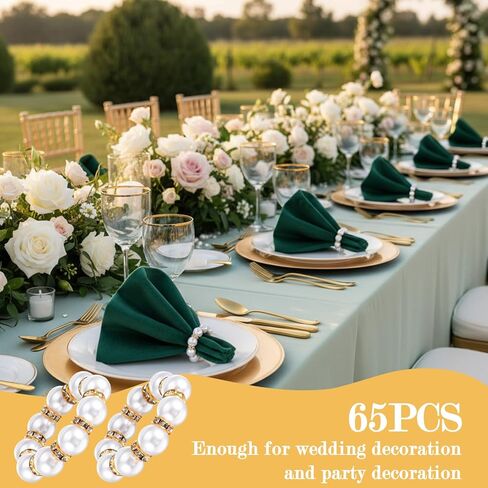 65 قطعة من حلقات منديل اللؤلؤ المقلدة باللونين الذهبي والأبيض، أبازيم منديل مطرزة بكميات كبيرة لتزيين طاولة العشاء وحفلات الزفاف، حامل مناديل مرن لديكور المنزل والاستخدام اليومي in Kuwait