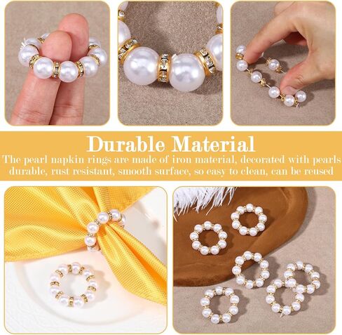65 قطعة من حلقات منديل اللؤلؤ المقلدة باللونين الذهبي والأبيض، أبازيم منديل مطرزة بكميات كبيرة لتزيين طاولة العشاء وحفلات الزفاف، حامل مناديل مرن لديكور المنزل والاستخدام اليومي in Kuwait