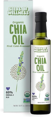 Seeds of Wellness - Organic Chia Seed Oil, Essential Bio Nutrients, Fatty Acids Omega-3 ALA Plant-Based, Cold-Pressed, Unrefined, Non GMO, 16.9 Fl Oz (500 ml) Glass Bottle, Pack of 1, Chile in Kuwait