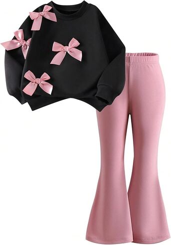 Girls 2 Piece Outfits Long Sleeve Crew Neck Bow Sweatshirt Top and Flare Pants Set in Kuwait