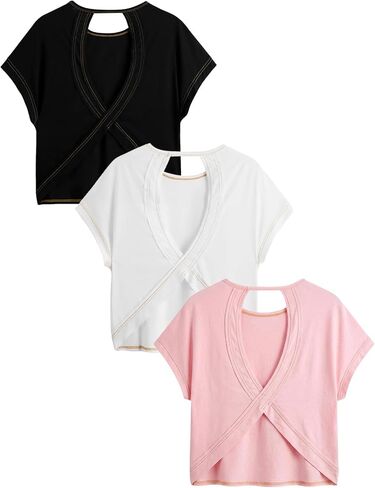 Women's 3 Packs Open Back T Shirt Criss Cross Cut Out Tee Short Sleeve Crewneck Summer Backless Tops in Saudi Arabia