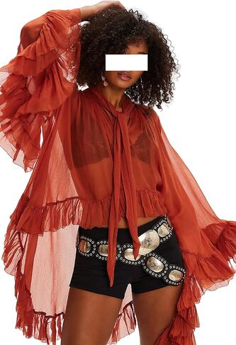 UAURORAO Women Ruffle Sheer Top Long Sleeve See Through Mesh Blouse Tops Oversized Flowy Chiffon Tunic Shirts in Saudi Arabia