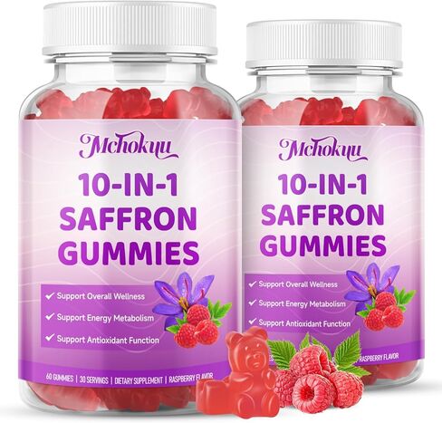 Saffron Supplements Gummies for Kids & Adults Vision, Zzz, Focus & Cortisol with Ashwagandha, L-Theanine, Rhodiola Rosea, St.John's Wort, Lemon Balm, Vitamin D3, B6, Magnesium & Zinc, Raspberry, 60Cts in Kuwait