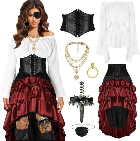CICOCI Pirate Costume Women Outfits Renaissance Corset Steampunk Skirt Top Pirate Accessories Full Halloween Costume in Kuwait
