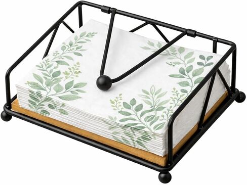 Elegant Flat Napkin Holder with Weighted Arm - Rustic Metal & Wood Paper Napkin Dispenser for Dining Table, Office, Home, Countertop, Bar - One-at-a-Time Dispensing, Holds up to 50 Napkins (BLACK) in Saudi Arabia