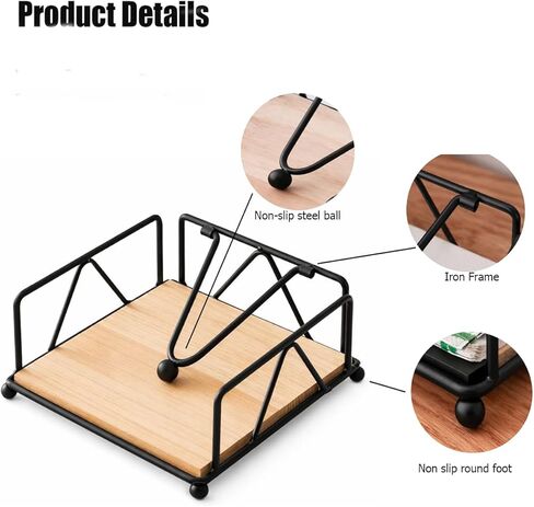 Elegant Flat Napkin Holder with Weighted Arm - Rustic Metal & Wood Paper Napkin Dispenser for Dining Table, Office, Home, Countertop, Bar - One-at-a-Time Dispensing, Holds up to 50 Napkins (BLACK) in Saudi Arabia