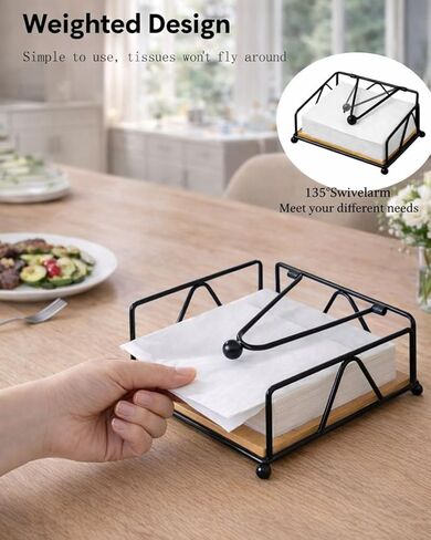 Elegant Flat Napkin Holder with Weighted Arm - Rustic Metal & Wood Paper Napkin Dispenser for Dining Table, Office, Home, Countertop, Bar - One-at-a-Time Dispensing, Holds up to 50 Napkins (BLACK) in Saudi Arabia