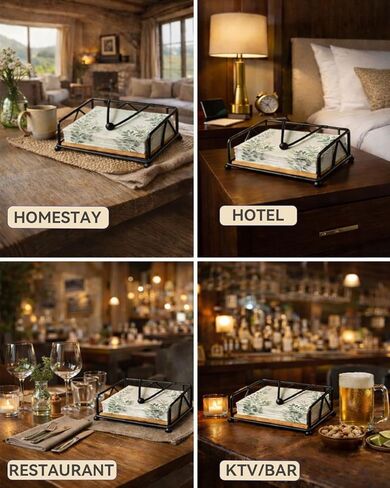 Elegant Flat Napkin Holder with Weighted Arm - Rustic Metal & Wood Paper Napkin Dispenser for Dining Table, Office, Home, Countertop, Bar - One-at-a-Time Dispensing, Holds up to 50 Napkins (BLACK) in Saudi Arabia