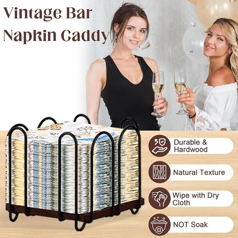 Square Metal Cocktail Napkin Holder 5x5 Wood Napkin Dispenser Black Flat Napkins Holder Brown Paper Napkins Storage Napkin Holder Caddy Deep Napkin Basket Napkin Organizer for Wedding Bar Party Table in Kuwait