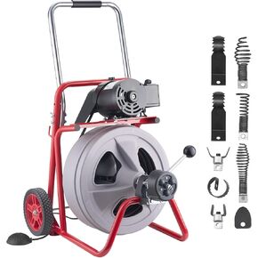 VEVOR Drain Cleaner Machine 100 FT x 1/2 Inch, Auto Feed Sewer Snake Drain Auger on Wheels, Portable Drain Cleaning Machine with 8 Cutters & Air-Activated Foot Switch for 2" to 6" Pipes in Kuwait