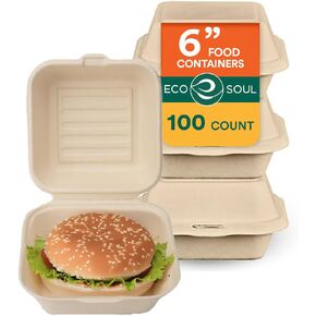 ECO SOUL 100% Compostable Clamshell Take Out Food Containers [6X6 50-Pack] Heavy-Duty Disposable To Go Containers, Eco-Friendly, Biodegradable Takeout Containers With Lid in Kuwait