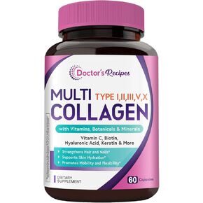 Doctor's Recipes Multi Collagen Peptides, Type I, II, III, V, X, 1000 mg Per Serving, Vitamin C, Biotin, Hyaluronic Acid, Keratin, Turmeric, for Hair, Nails, Skin, Stay Active, Antioxidant, 60 Caps in Kuwait