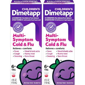 دواء Dimetapp متعدد الأعراض لعلاج نزلات البرد والأنفلونزا، مضاد للهستامين، مثبط السعال، يخفف الحمى، السعال، العطس، آلام الرأس والجسم، التهاب الحلق، نكهة العنب، خالي من الكحول، 4 أونصة سائلة (عبوة من قطعتين) in Kuwait