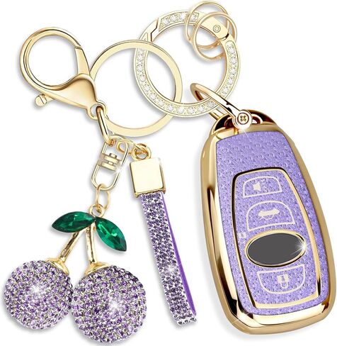 Sparkly Key Fob Cover with Cherry Keychain, Bling TPU Smart Key Case for Women, Compatible with Subaru Ascent Forester WRX Crosstrek Impreza Outback Legacy STI BRZ (4-Button, Gold Pink) in Kuwait
