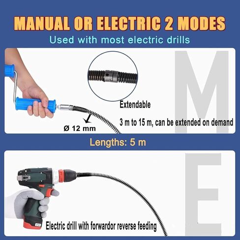 ثعبان الصرف الصحي، أوجير الصرف مع ملحق المثقاب، 16.4 قدم × 12 مم، ثعبان السباكة ذو التغذية التلقائية، مزيل انسداد تصريف الشعر المرن للمطبخ، الحمام وحوض الدش in Kuwait