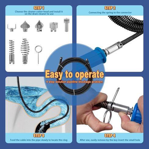 ثعبان الصرف الصحي، أوجير الصرف مع ملحق المثقاب، 16.4 قدم × 12 مم، ثعبان السباكة ذو التغذية التلقائية، مزيل انسداد تصريف الشعر المرن للمطبخ، الحمام وحوض الدش in Kuwait