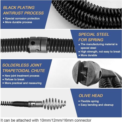 ثعبان الصرف الصحي، أوجير الصرف مع ملحق المثقاب، 16.4 قدم × 12 مم، ثعبان السباكة ذو التغذية التلقائية، مزيل انسداد تصريف الشعر المرن للمطبخ، الحمام وحوض الدش in Kuwait