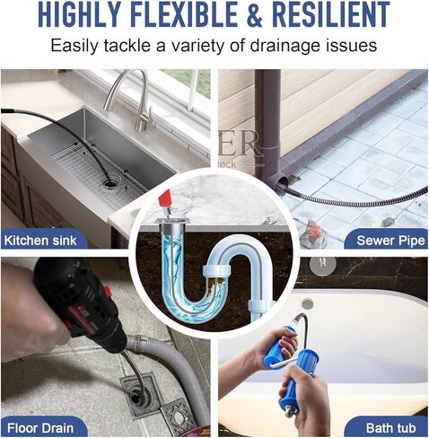 ثعبان الصرف الصحي، أوجير الصرف مع ملحق المثقاب، 16.4 قدم × 12 مم، ثعبان السباكة ذو التغذية التلقائية، مزيل انسداد تصريف الشعر المرن للمطبخ، الحمام وحوض الدش in Kuwait