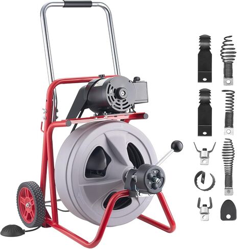 آلة تنظيف الصرف الصحي من VEVOR بطول 100 قدم × 1/2 بوصة، تغذية تلقائية لصرف الثعبان على العجلات، آلة تنظيف الصرف المحمولة مع 8 قواطع ومفتاح قدم يعمل بالهواء لأنابيب من 2 إلى 6 بوصات in Kuwait