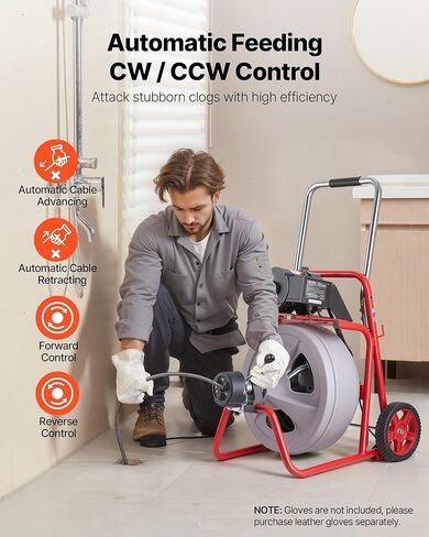 آلة تنظيف الصرف الصحي من VEVOR بطول 100 قدم × 1/2 بوصة، تغذية تلقائية لصرف الثعبان على العجلات، آلة تنظيف الصرف المحمولة مع 8 قواطع ومفتاح قدم يعمل بالهواء لأنابيب من 2 إلى 6 بوصات in Kuwait