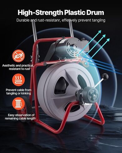 آلة تنظيف الصرف الصحي من VEVOR بطول 100 قدم × 1/2 بوصة، تغذية تلقائية لصرف الثعبان على العجلات، آلة تنظيف الصرف المحمولة مع 8 قواطع ومفتاح قدم يعمل بالهواء لأنابيب من 2 إلى 6 بوصات in Kuwait